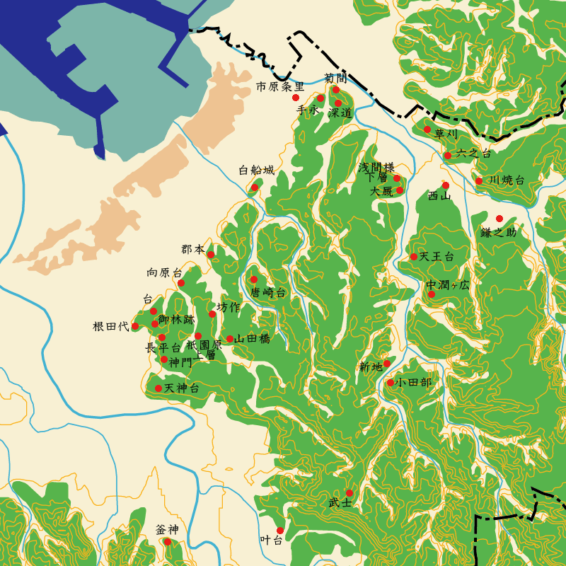 市原台地周辺の弥生時代遺跡の場所の地図の画像