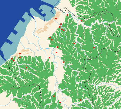 遺跡の場所を赤い点で示した、市原市の鎌倉・室町・戦国時代の地図上部