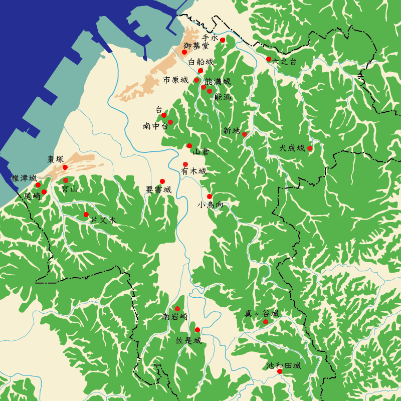 市原北部の地図に忠誠遺跡の箇所を赤い点で印をつけた地図