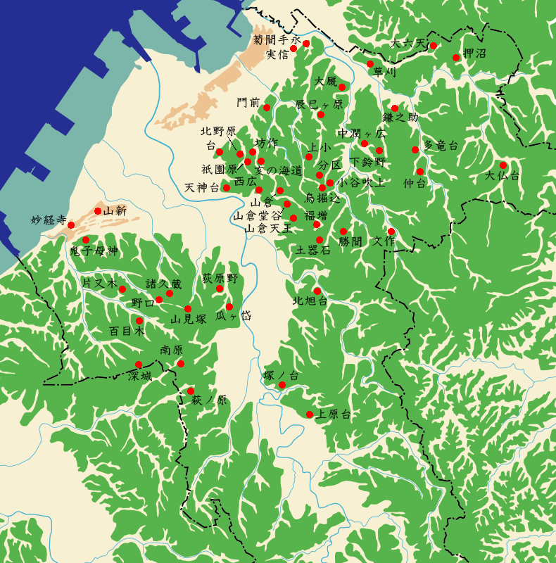 市原北部の縄文時代遺跡を示した地図