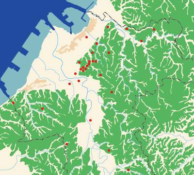 奈良・平安時代に存在した遺跡の場所を赤い点で示した地図1