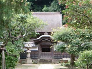 木々が両脇にみえ奥に鎌倉円覚寺の正面が見える写真