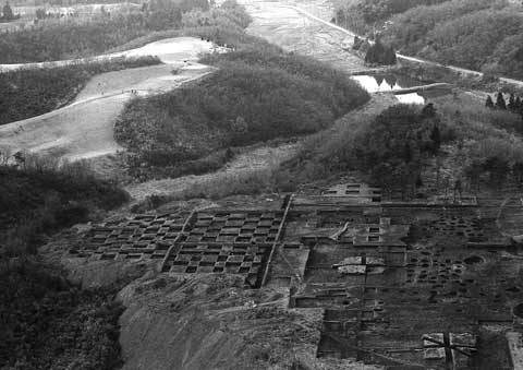 田畑が広がる市原市上高根字萩ノ原の標高88mほどの台地上にある萩ノ原遺跡を東の上空から撮影したモノクロの全景写真