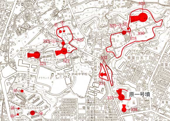 原一号墳位置を赤いしるしで表している地図の画像