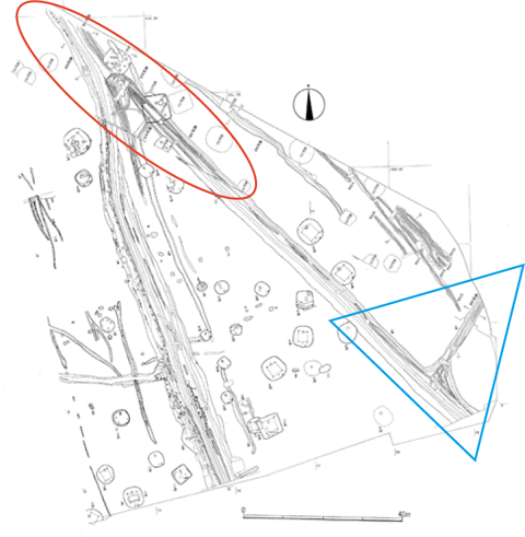 左上あたりに赤い丸、右下あたりに青い三角が記された山田橋地区東部の1979年当時の航空写真のB地点に当たる付近を調査した平面図