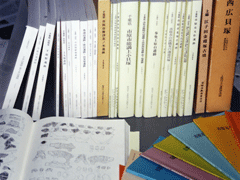 正面に立てられた本が何冊もあり左にはページが開かれ、右には扇形に並べられた冊子がある写真