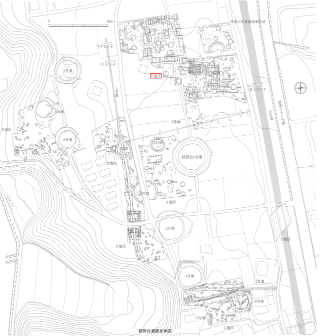 稲荷台遺跡の全体図の図面にE地区と書かれた箇所に赤で印をしてある画像