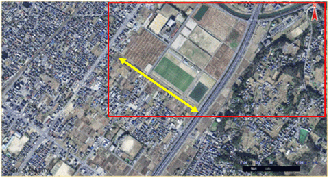 左端中段JR八幡宿駅東口と中央付近市原スポレクパークの写る空から見た市原条里制遺跡の写真