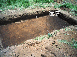 土にきれいな長方形で彫られた穴がある画像に遺構と書かれた写真