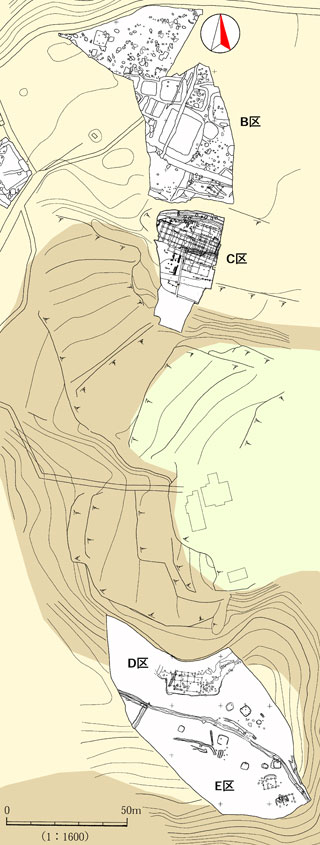 縦長に上からB区C区D区E区と広がる片又木遺跡の遺構配置図