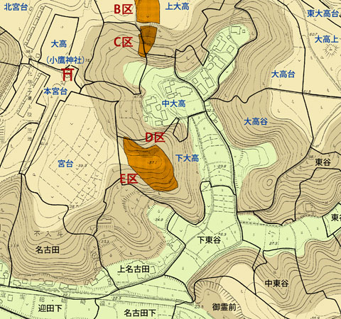 蠍の尻尾のような形をした片又木遺跡の地形図