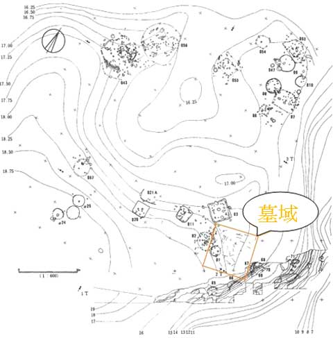 菊間手永貝塚縄文時代遺構分布と集団墓の位置の画像