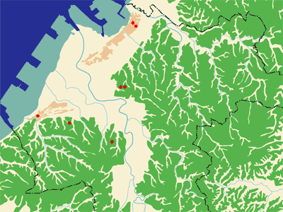 江戸時代に存在した遺跡の場所を赤い点で示した地図1
