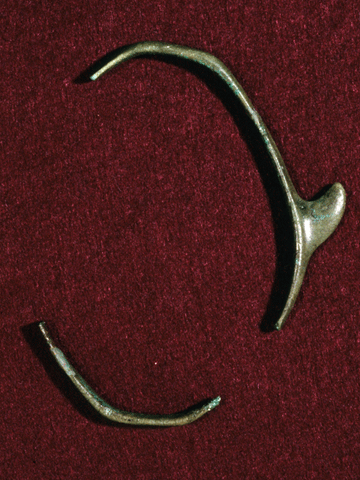 赤茶色の背景に、腕輪をモデルにした形で、牙のような突起物がついており、途中で折れている有鉤銅釧の写真