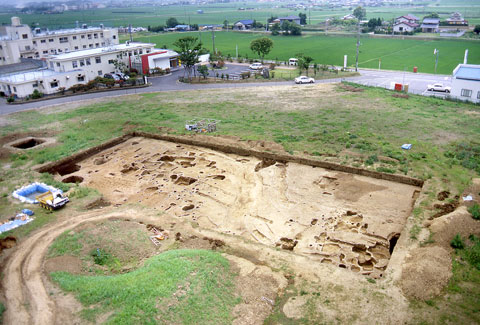 穀倉地帯に臨む微高地上にある小鳥向遺跡全景を東から撮影した写真