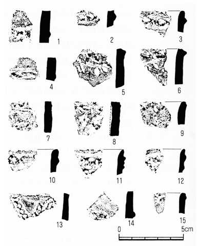 15種の大きさを比較したの隆起線文土器のモノクロの写真