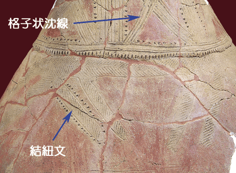 2本線で刻んだ格子状の線と、その下部には、結紐文の縄文帯が描かれた茶色の土器の拡大された写真