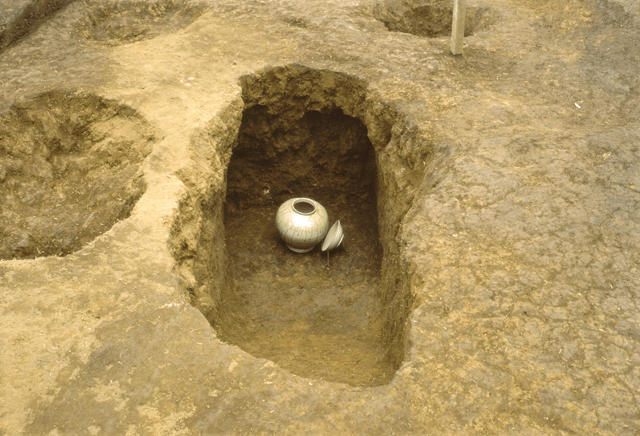 長方形の形に深く掘られた土の中に明るい薄茶色の壺とその蓋が写っている写真