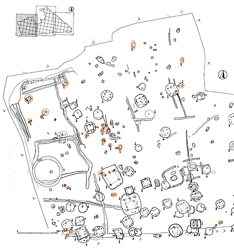 炉穴部分に橙色で円形が書かれている山田橋大山台遺跡西側区域の遺構平面図