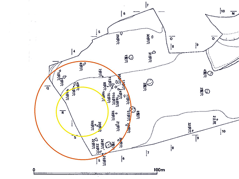 黄色と橙色の円形が示された山田橋大山台遺跡西側区域に検出された炉穴遺構群の図。