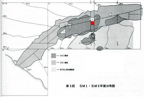 晩期前浦式期の貝層の範囲と柱状ブロック資料のサンプル採取位置の地図