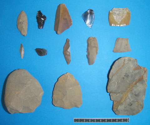 3列に並んだ鋭利なものや丸いものなど大小さまざまな石器群