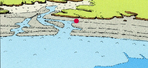 図の赤丸印が市原条里制遺跡で実信貝塚（村田川）周辺の海域の縄文時代後期から晩期の環境変遷図