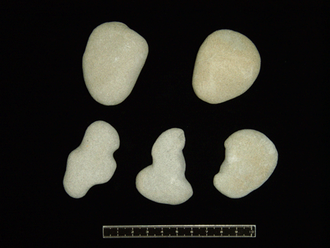 白っぽい色楕円形の石が2つ上段に並び、その下に丸みを帯びているがところどころくぼみがありいびつな形の石が3つ並んでいる写真