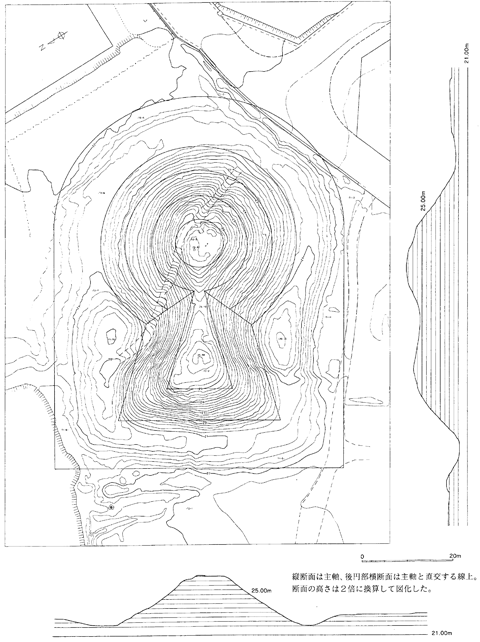 潤井戸杉山古墳の墳丘と復原図