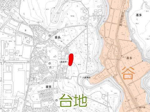 谷、台地の位置が文字で示され、多竜台貝塚の位置が赤いマークで示されている地図のイラスト