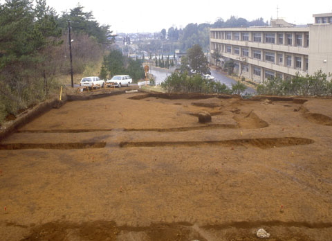 右上に市原中学校が写っており、手前に茶色い砂の区画溝が広がっている写真