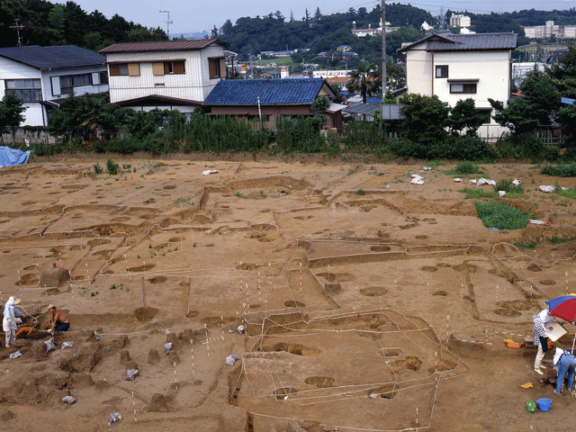 住宅地の側にあり、東京湾が遠くに見える台地上にある、椎津茶ノ木遺跡の写真