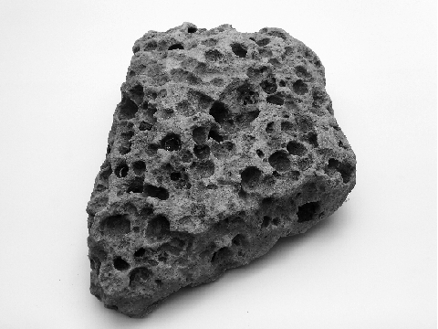濃い灰色で三角のチーズのような形をしており、表面にたくさん穴があいている石の写真