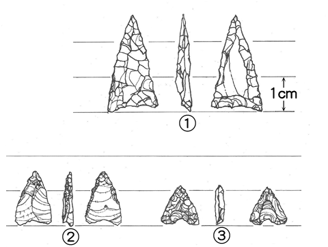上部には高さ2センチメートル以上の石鏃が2つ並び、下部には高さ2センチメートル未満の石鏃が6つ並んだイラスト